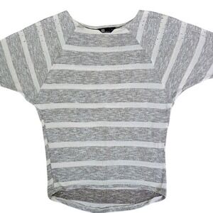 Womens Size Large Striped Pearl Rhinestone Batwing Sleeve Sweater Knit Top Gray